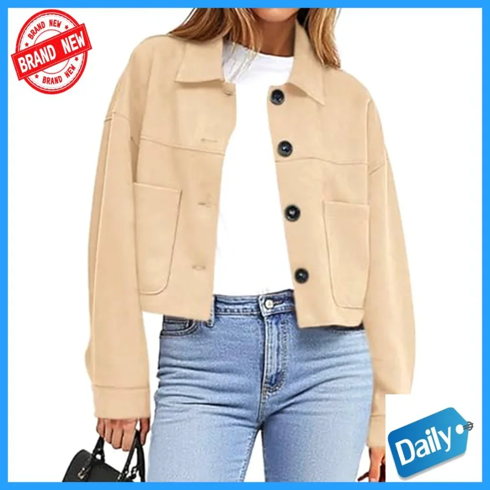 Faux Suede Cropped Jacket Long Sleeve Button Front Relaxed Fit Casual - Picture 2 of 7